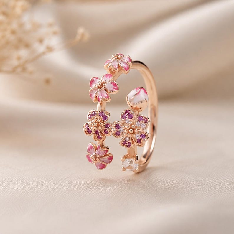 Cherry Blossom Floral Ring, Rose Gold Enamel Sakura Statement Ring