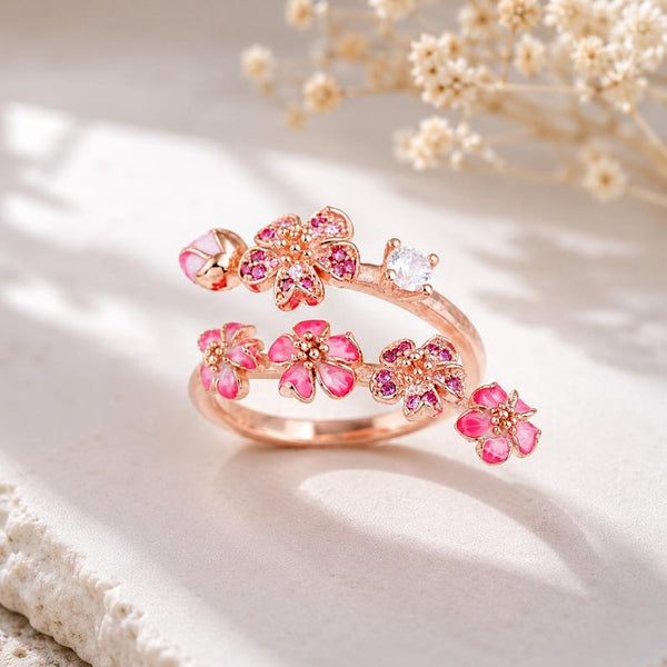 Cherry Blossom Floral Ring, Rose Gold Enamel Sakura Statement Ring