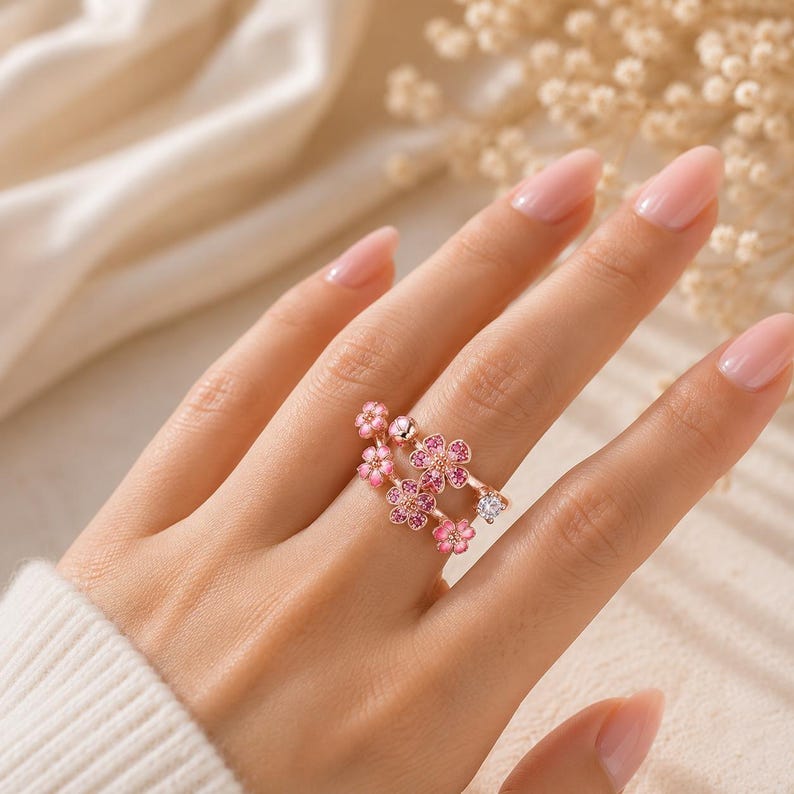 Cherry Blossom Floral Ring, Rose Gold Enamel Sakura Statement Ring
