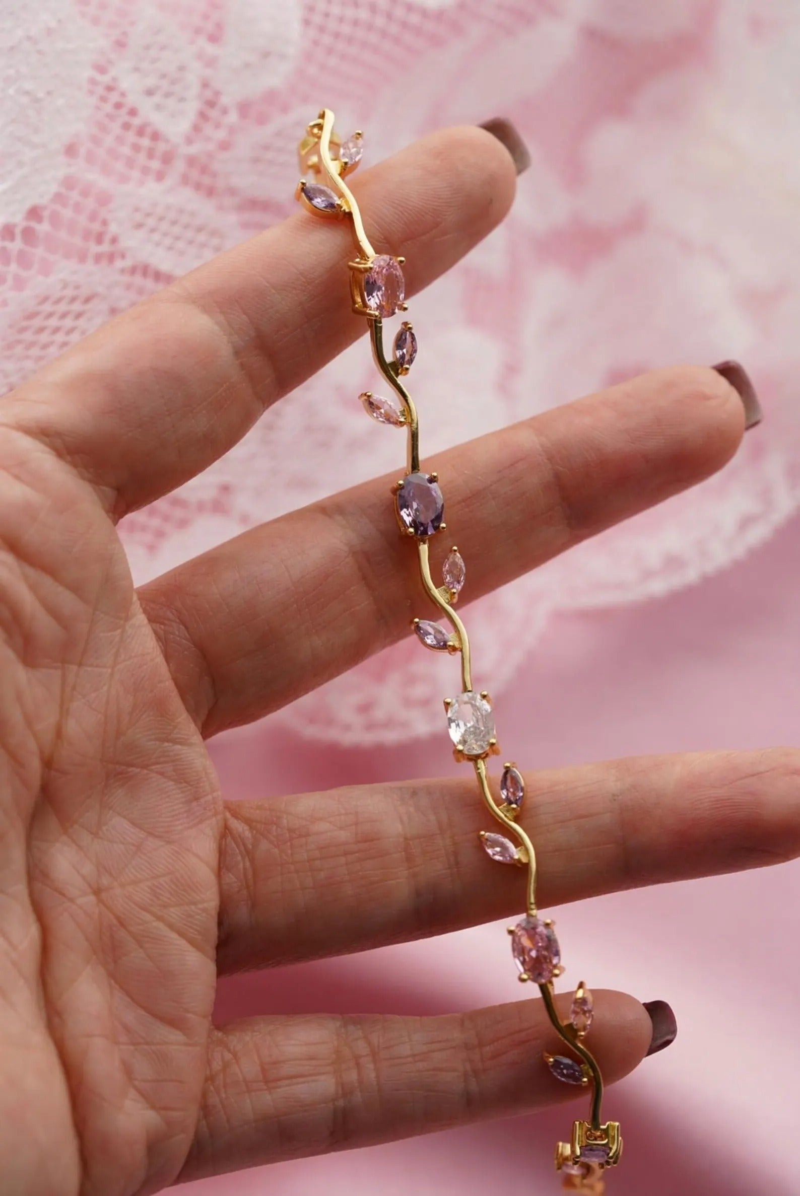 Gold Pastel Tulip Floral Bracelet-18K Coquette Flower Bracelet- Pink & Lilac Crystals – Fairytale Inspired Jewelry Gift for Her