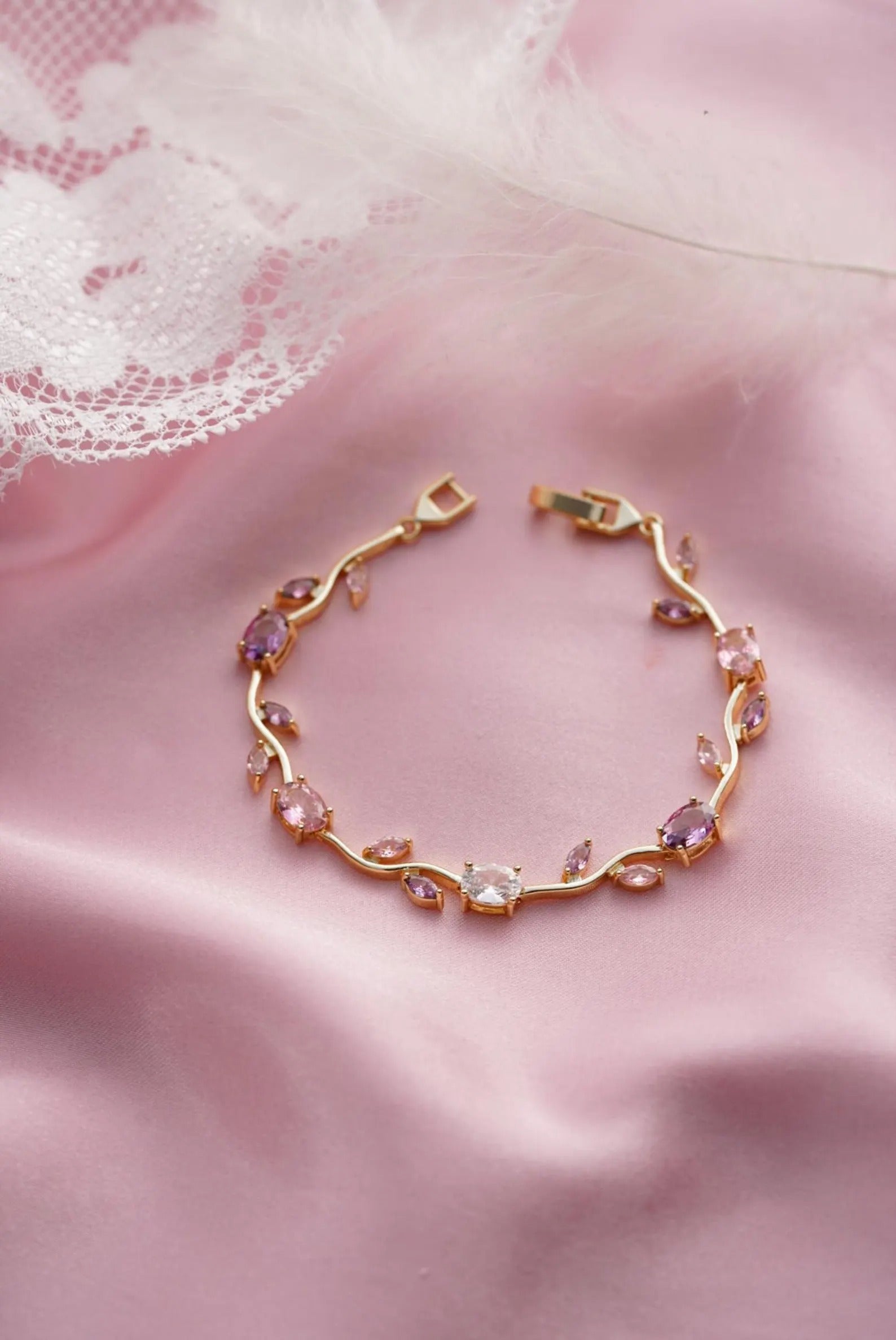 Gold Pastel Tulip Floral Bracelet-18K Coquette Flower Bracelet- Pink & Lilac Crystals – Fairytale Inspired Jewelry Gift for Her