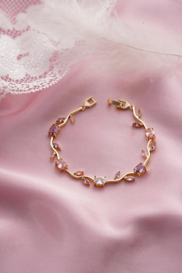 Gold Pastel Tulip Floral Bracelet-18K Coquette Flower Bracelet- Pink & Lilac Crystals – Fairytale Inspired Jewelry Gift for Her