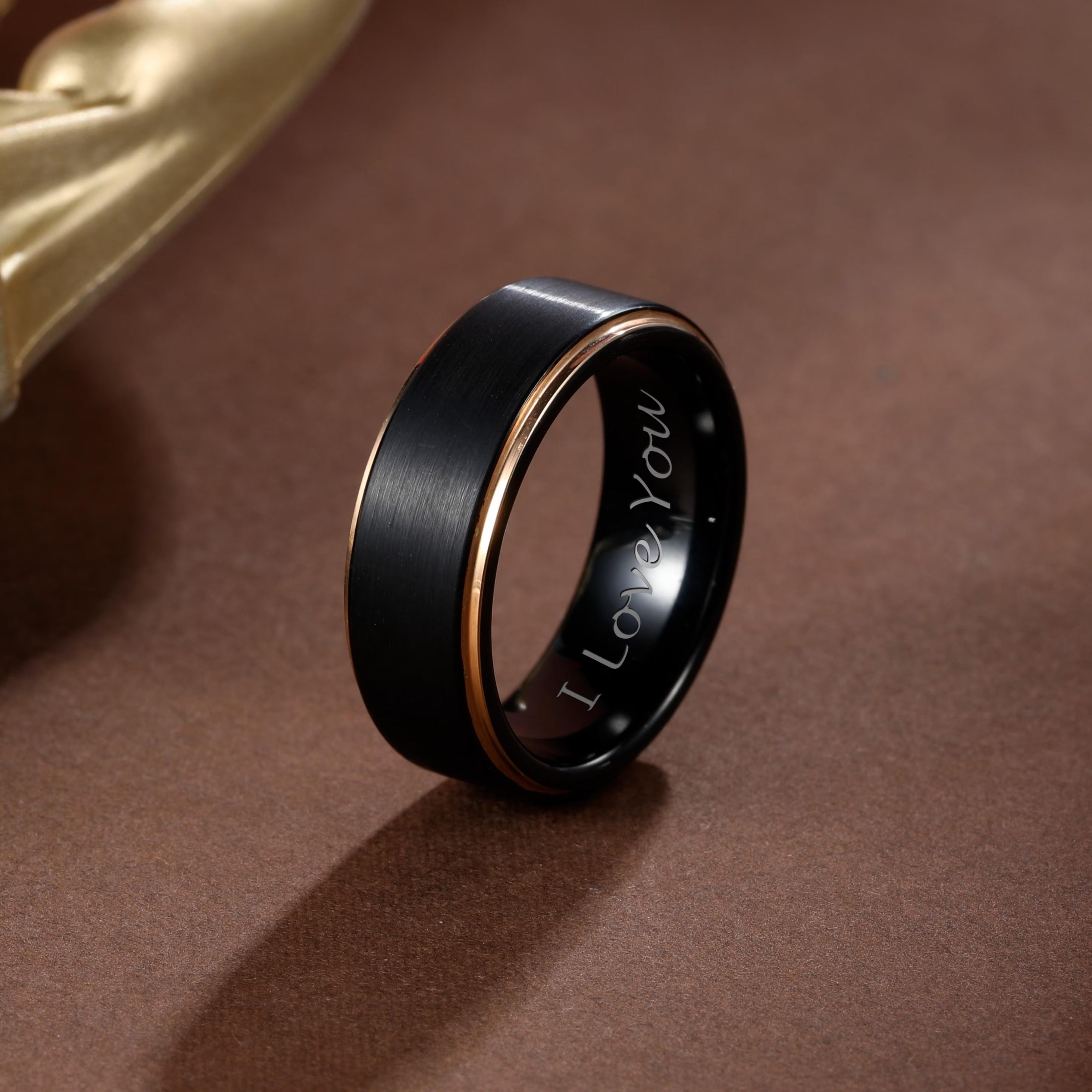 Men's 8mm Black Gold Rim Tungsten Ring Main image