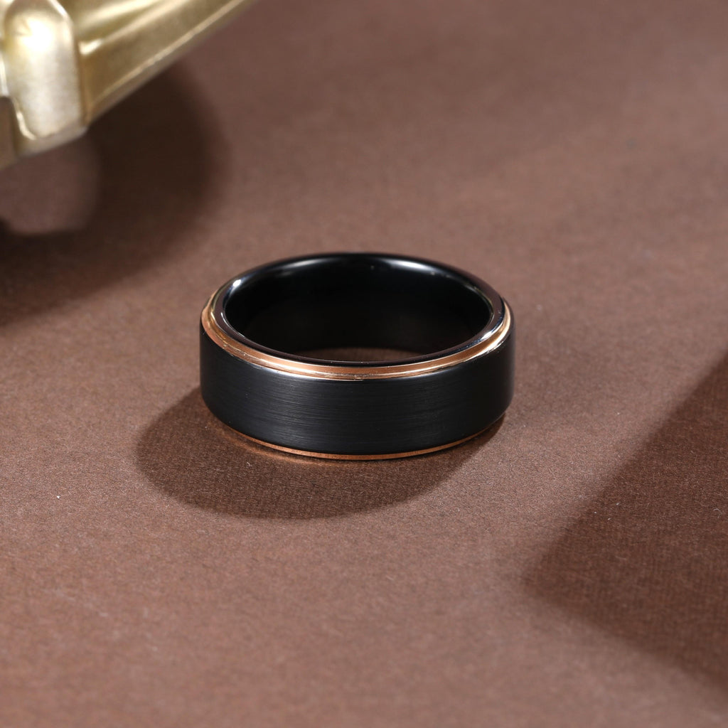 Men's 8mm Black Gold Rim Tungsten Ring