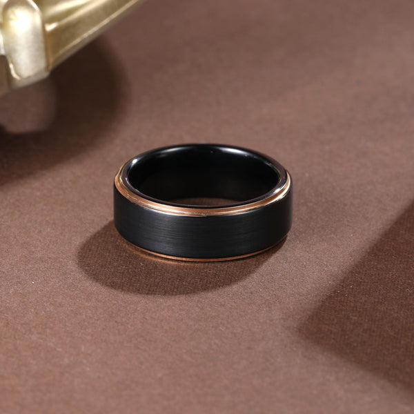 Men's 8mm Black Gold Rim Tungsten Ring