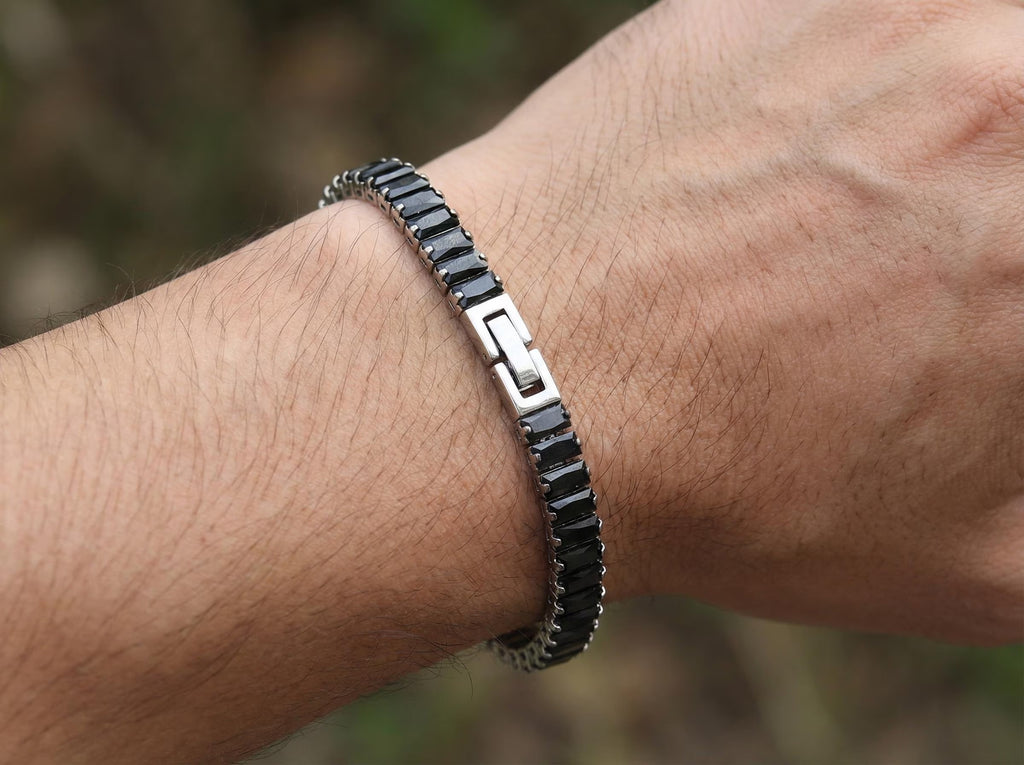Men's Black Obsidian Tennis Chain Bracelet, Stainless Steel Clasp, Daily Wear