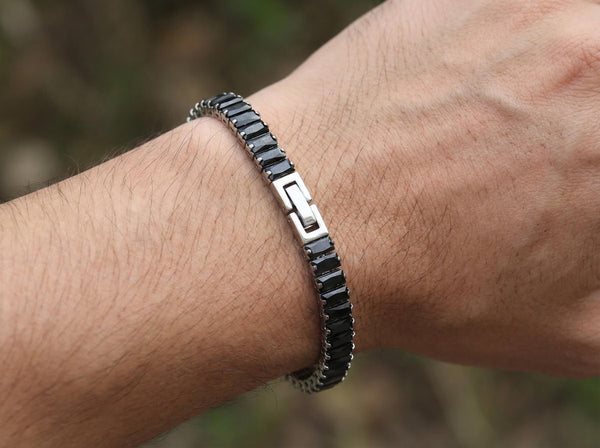 Men's Black Obsidian Tennis Chain Bracelet, Stainless Steel Clasp, Daily Wear