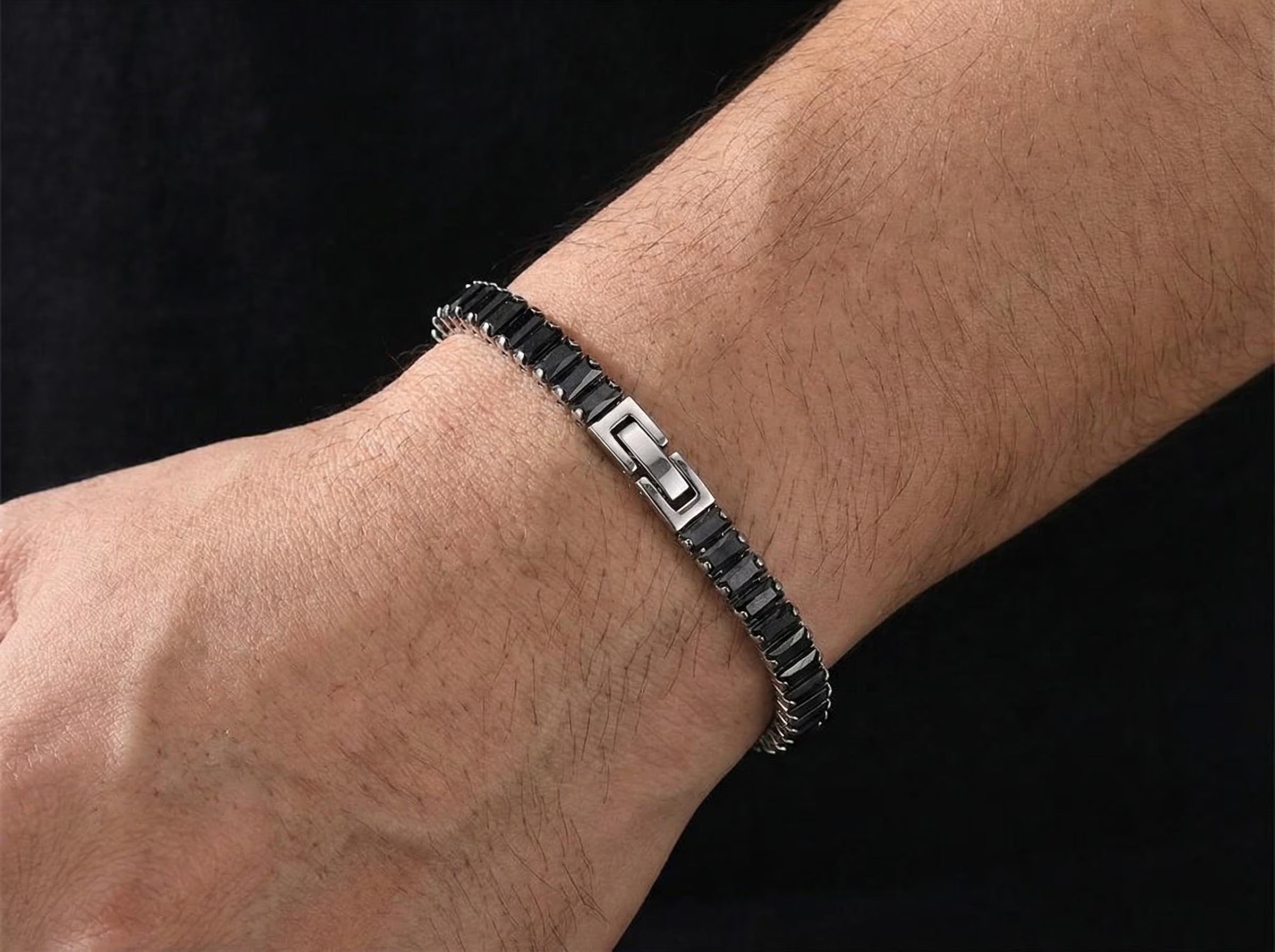 Men's Black Obsidian Tennis Chain Bracelet, Stainless Steel Clasp, Daily Wear