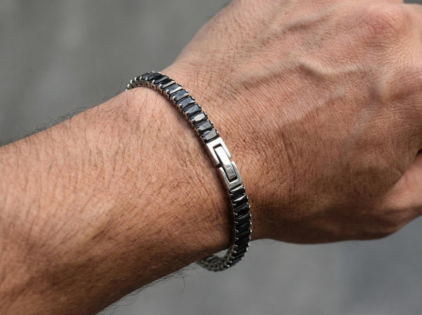 Men's Black Obsidian Tennis Chain Bracelet, Stainless Steel Clasp, Daily Wear