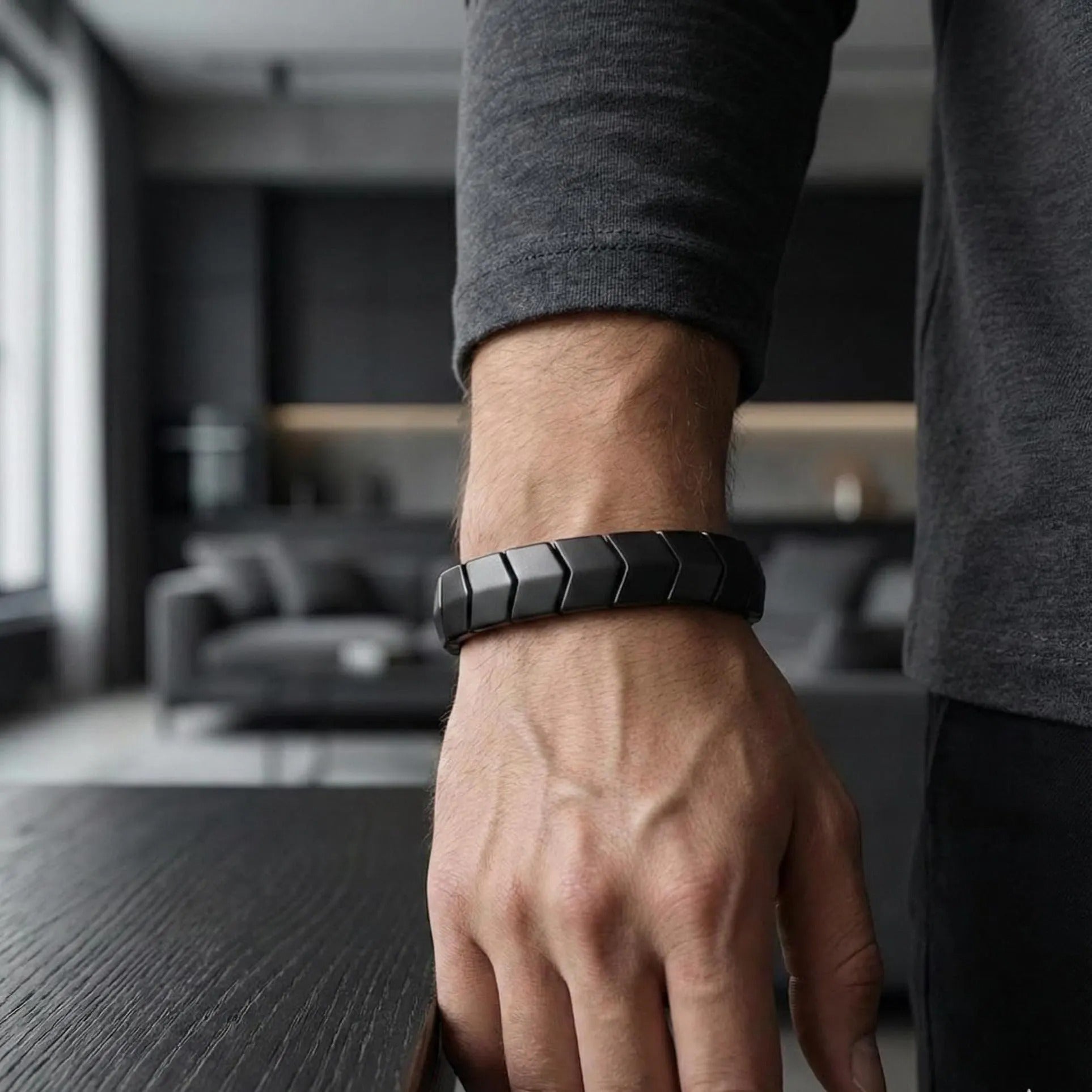 Black Hematite Bracelet for Men, Geometric Stretch Stone Bracelet, Modern Minimal Jewelry