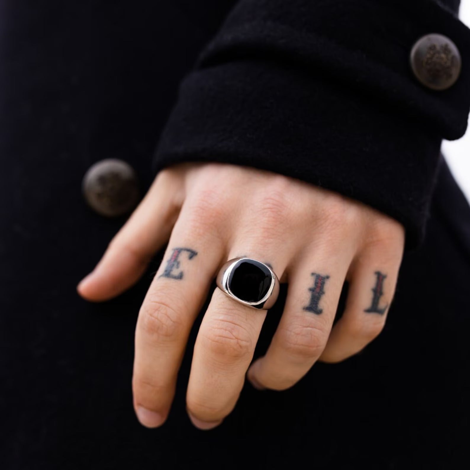 Silver Signet Ring - Vintage Styled Black Stone Signet Ring Men