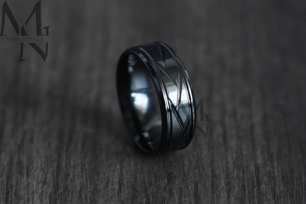 Black Line Pattern Stainless Steel Ring