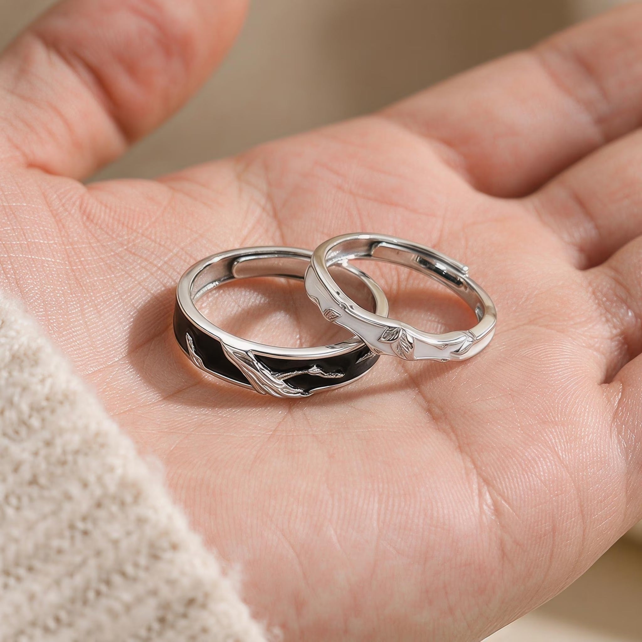 Couple Open Rings • 999 Silver Withered Tree Rebirth Design • Matching Adjustable Rings Secondary image