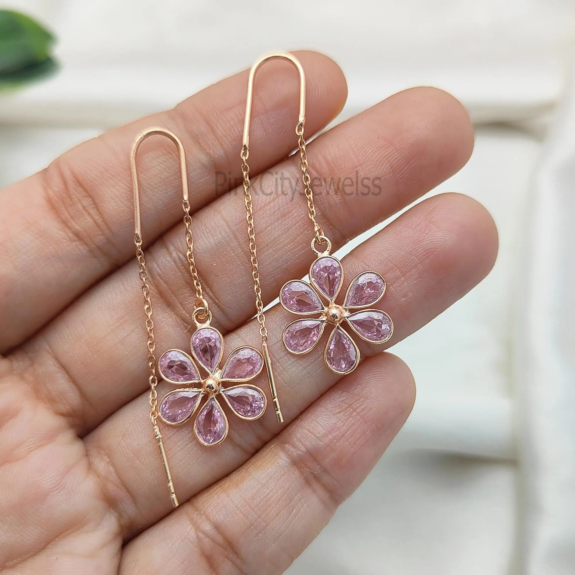 Soft Pink Cz Threader Earring