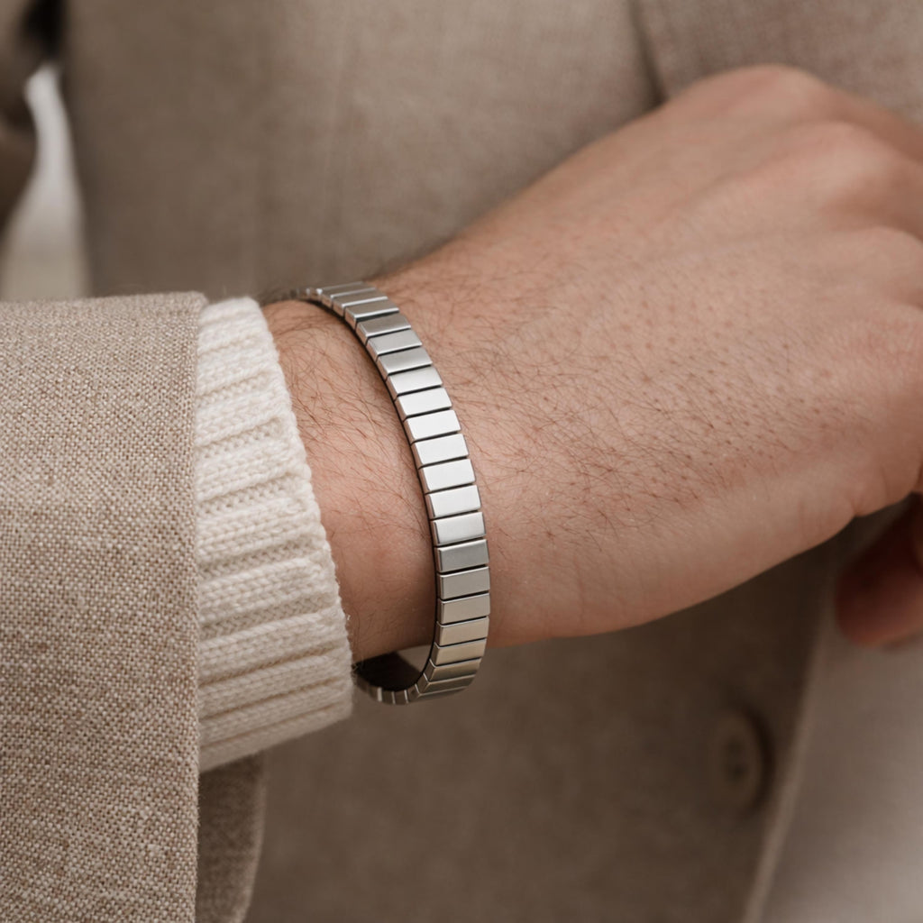 Men’s Stainless Steel Stretch Bracelet – Modern 9mm Link Band, Gold or Silver