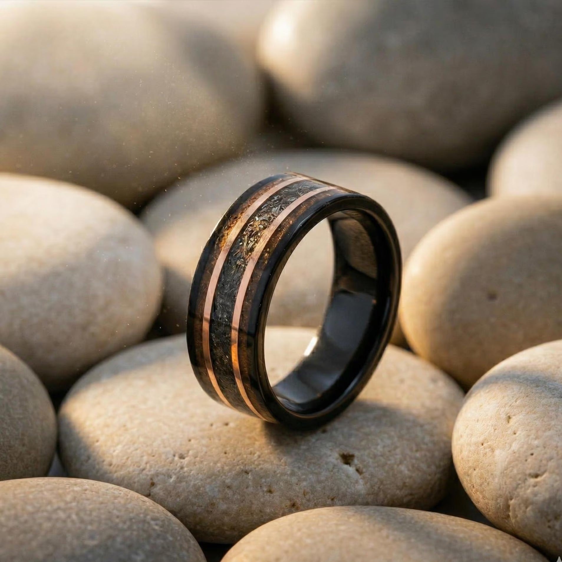 Charred Whiskey Barrel Ring with Meteorite