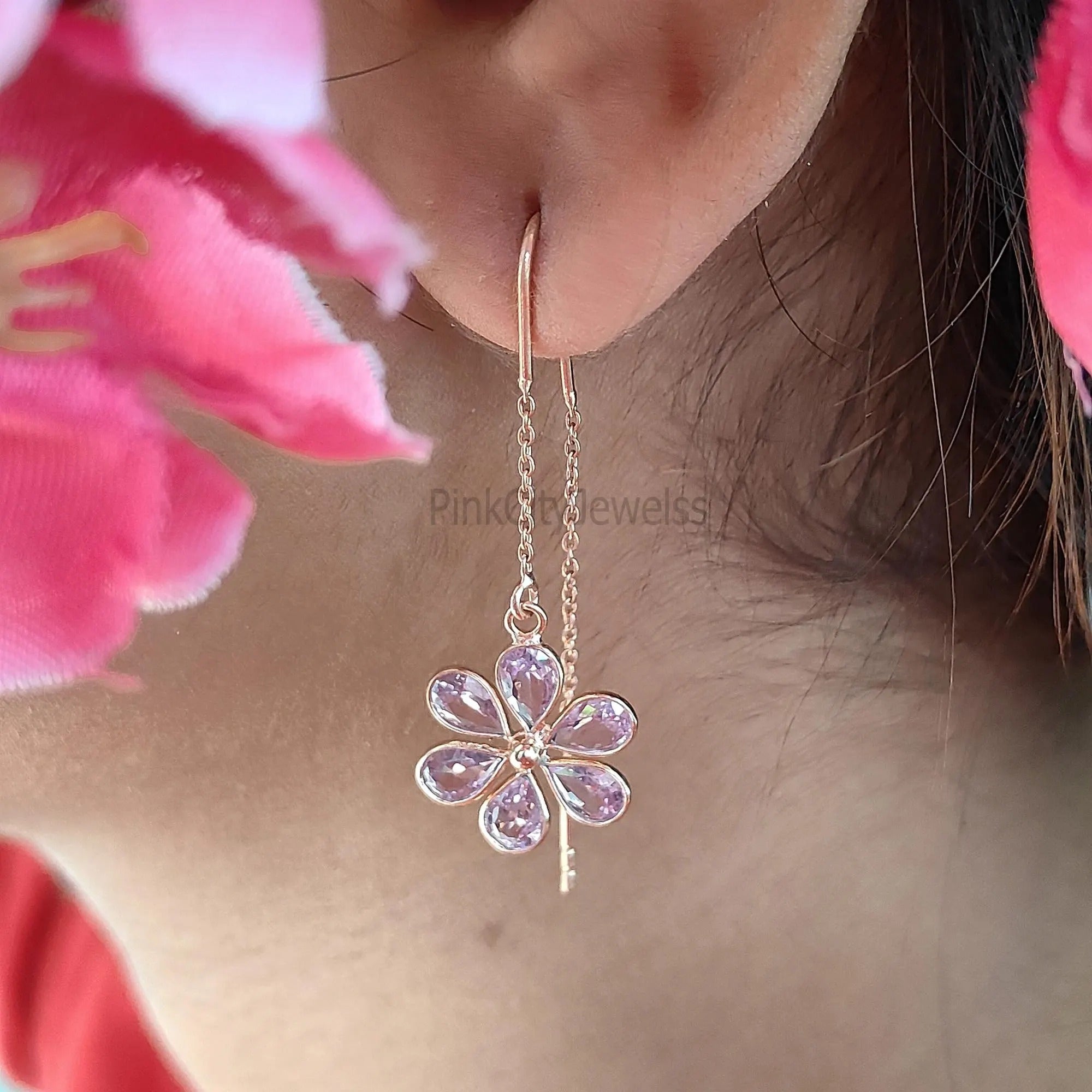 Soft Pink Cz Threader Earring Secondary image