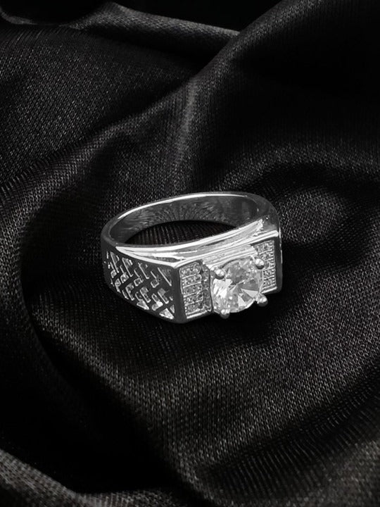 Stainless Steel Silver-Plated American Diamond-Studded Adjustable Finger Ring Main image