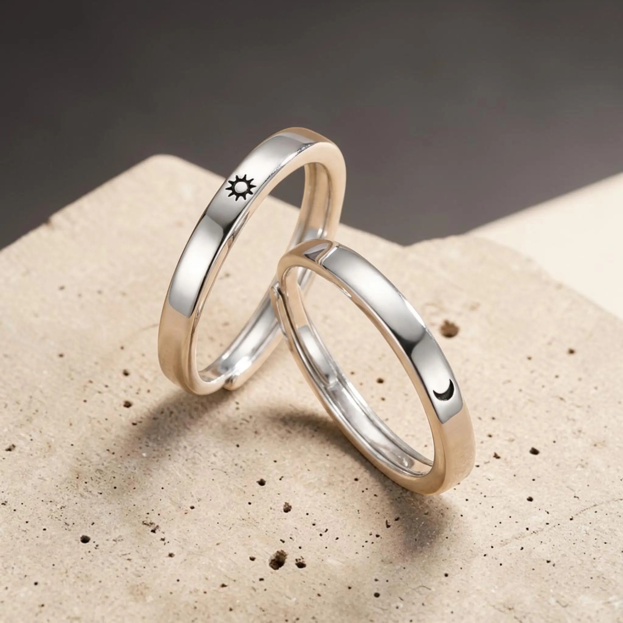 Matching Sun Moon Couple Rings Adjustable Stainless Steel Promise Ring Relationship Gift