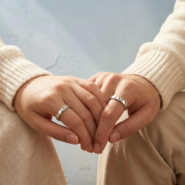 Matching Sun Moon Couple Rings Adjustable Stainless Steel Promise Ring Relationship Gift
