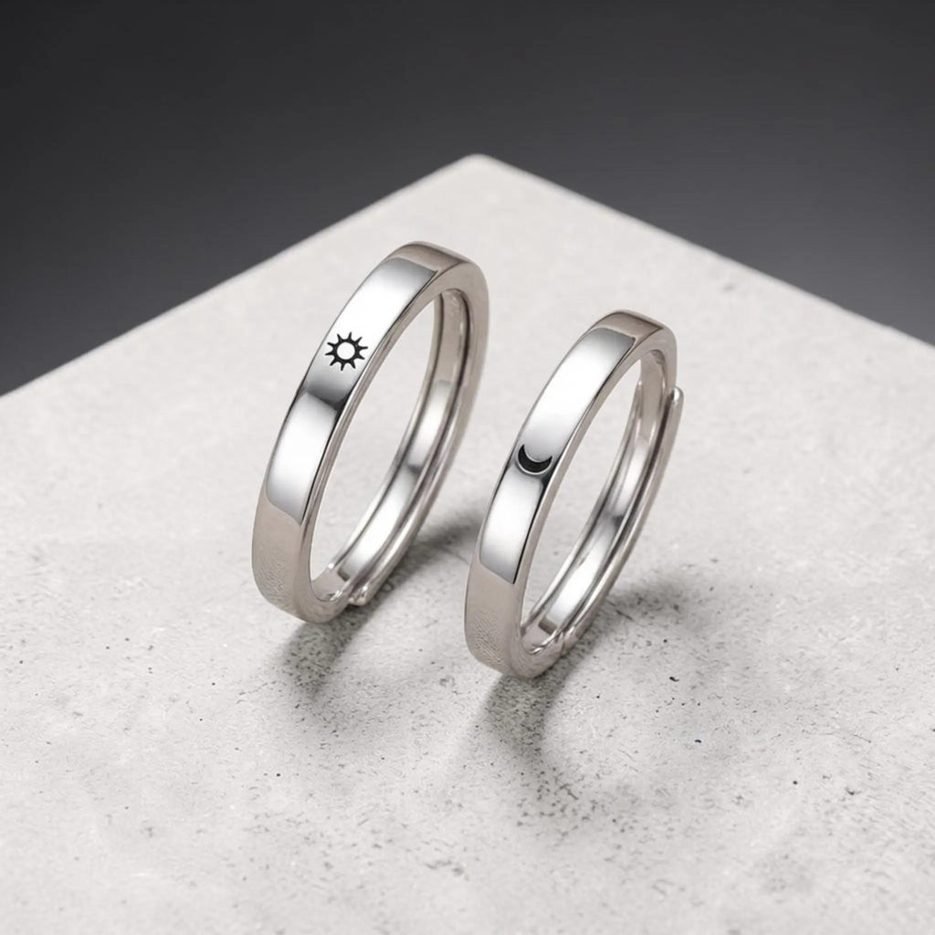 Matching Sun Moon Couple Rings Adjustable Stainless Steel Promise Ring Relationship Gift