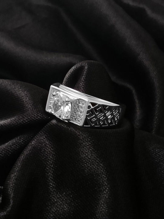 Stainless Steel Silver-Plated American Diamond-Studded Adjustable Finger Ring