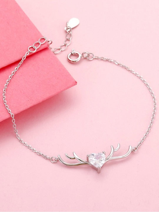 Silver-Plated 925 Sterling Silver Deer Heart Cubic Zirconia Link Bracelet
