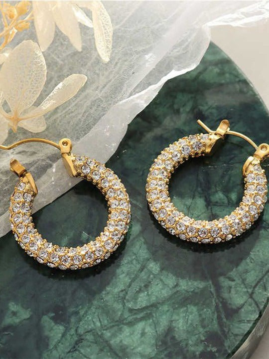 18k Gold Plated Crystals Studded Stainless Steel Contemporary Hoop Earrings Main image