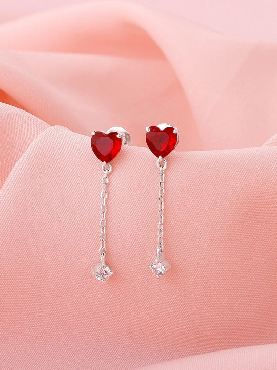925 Sterling Silver Rhodium-Plated Heart Shaped Drop Earrings