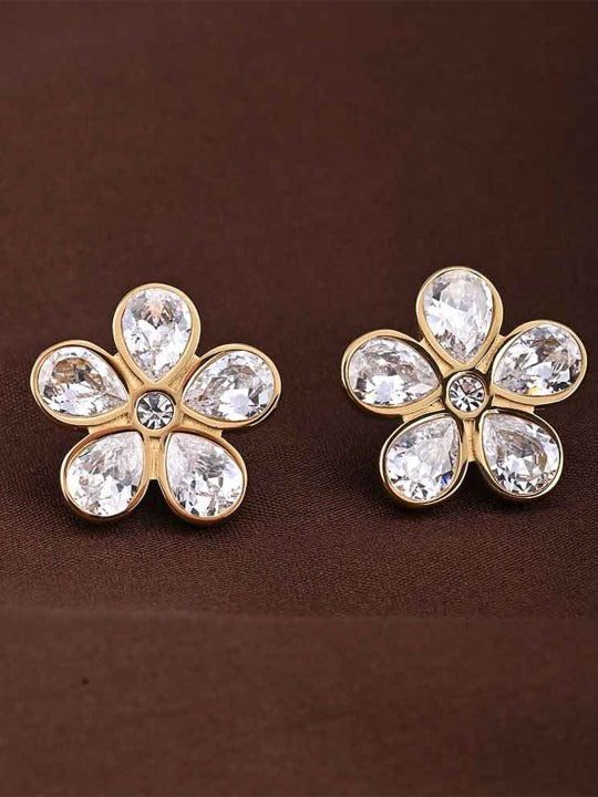 Stainless Steel Gold-Plated Stone Studded Floral Studs