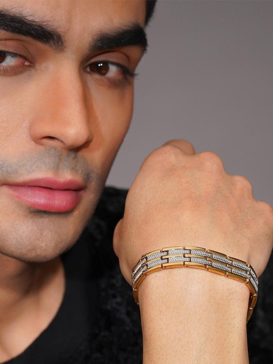 Men 18K Gold-Plated Textured Anti-Tarnish Waterproof Steel Bracelet
