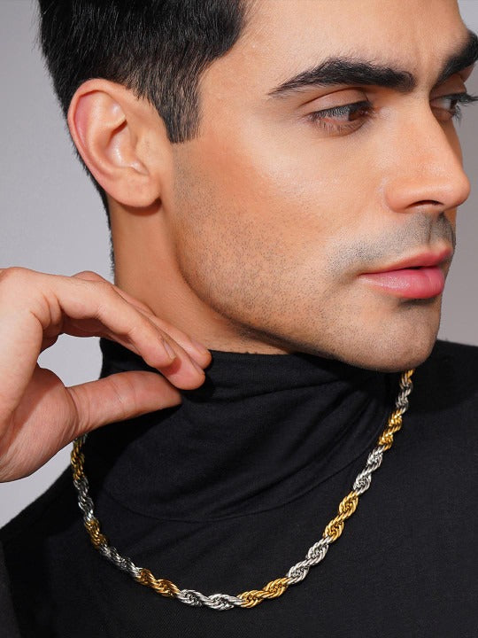 Men 18K Gold Rhodium-Plated Waterproof Stainless Steel Rope Chain