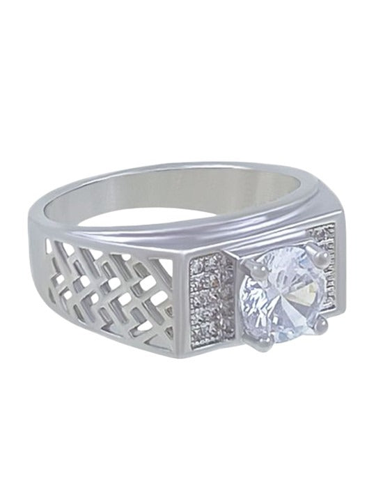 Stainless Steel Silver-Plated American Diamond-Studded Adjustable Finger Ring