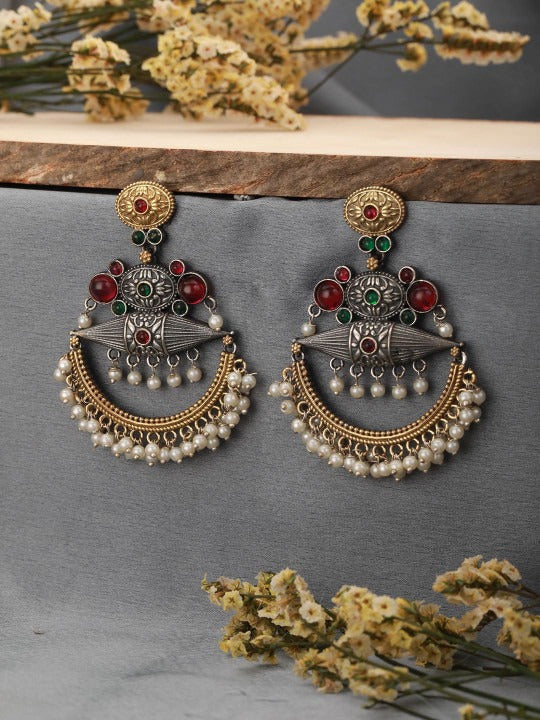 Rhodium-Plated Pearl & American Diamond Drop Earrings Main image