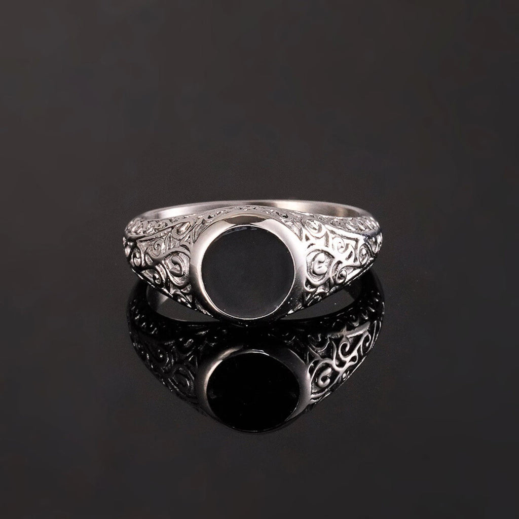 18K Gold Signet Ring - Black Gem Stone Ring For Men