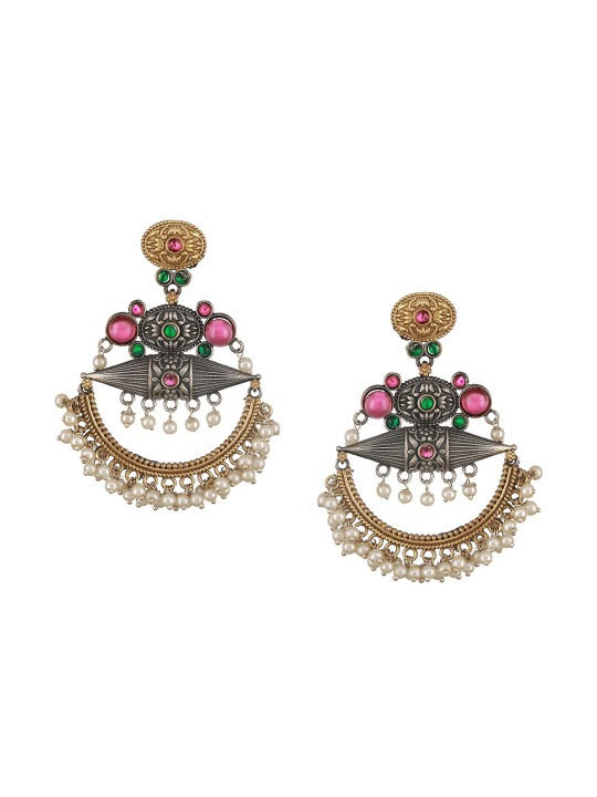 Rhodium-Plated Pearl & American Diamond Drop Earrings