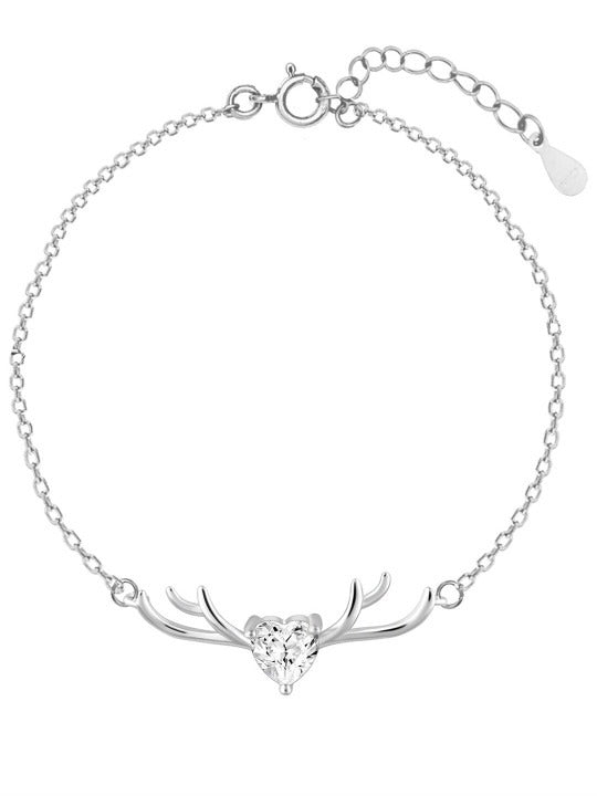 Silver-Plated 925 Sterling Silver Deer Heart Cubic Zirconia Link Bracelet