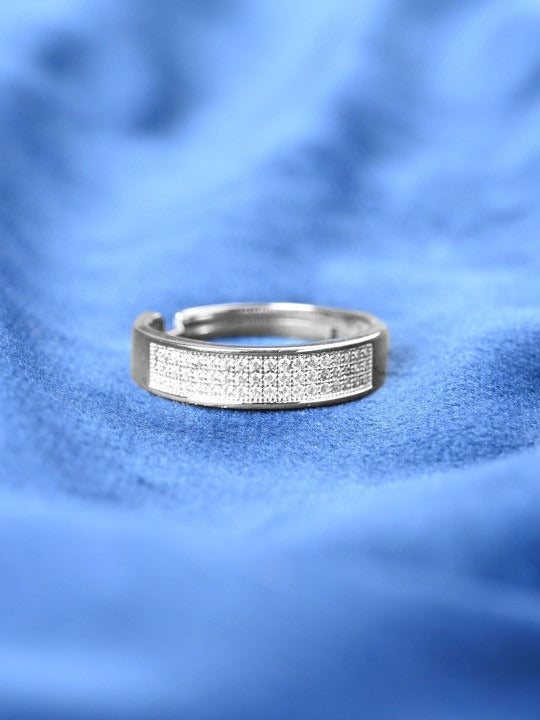 Men 925 Sterling Silver Platinum-Plated Cubic Zirconia-Studded Finger Ring