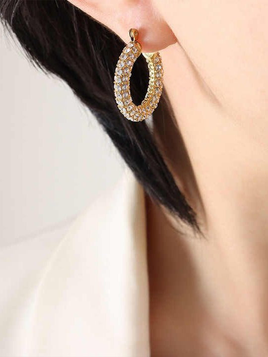 18k Gold Plated Crystals Studded Stainless Steel Contemporary Hoop Earrings