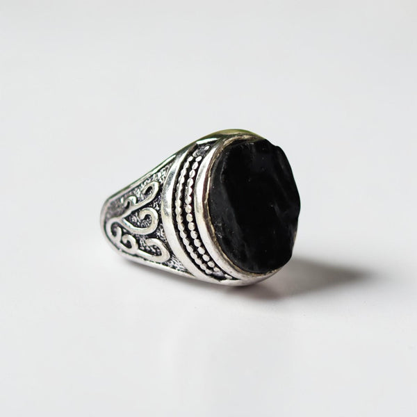Black Tourmaline Statement Ring, 925 Sterling Silver, Raw Gemstone Boho Ring