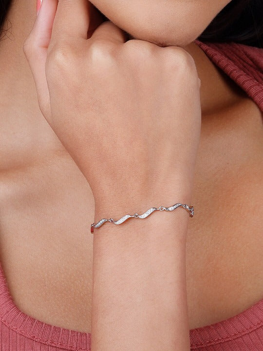 Women Sterling Silver Cubic Zirconia Rhodium-Plated Link Bracelet