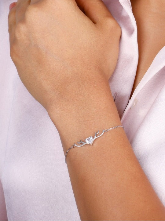 Silver-Plated 925 Sterling Silver Deer Heart Cubic Zirconia Link Bracelet