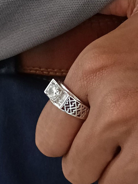 Stainless Steel Silver-Plated American Diamond-Studded Adjustable Finger Ring