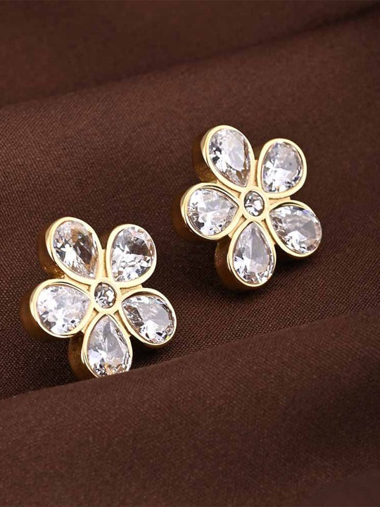 Stainless Steel Gold-Plated Stone Studded Floral Studs