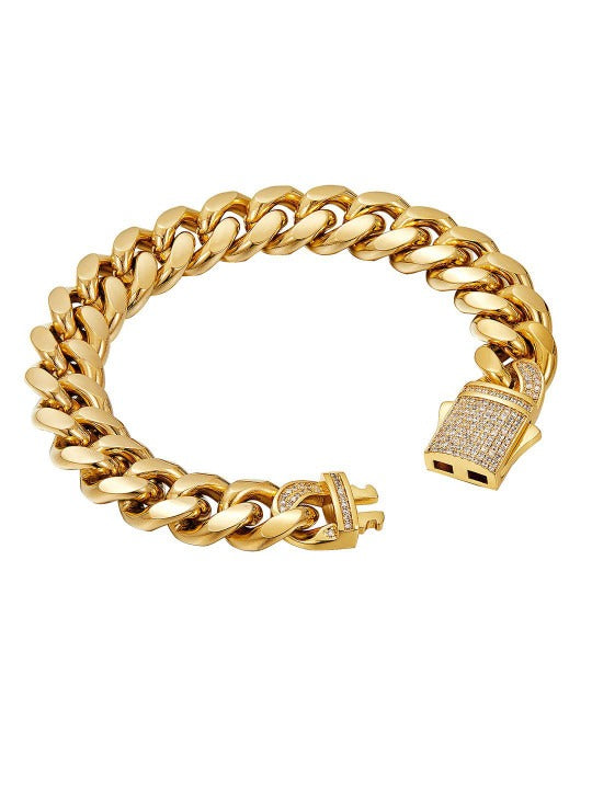 Men Gold-Plated Stainless Steel Stone Studded Openable Link Bracelet