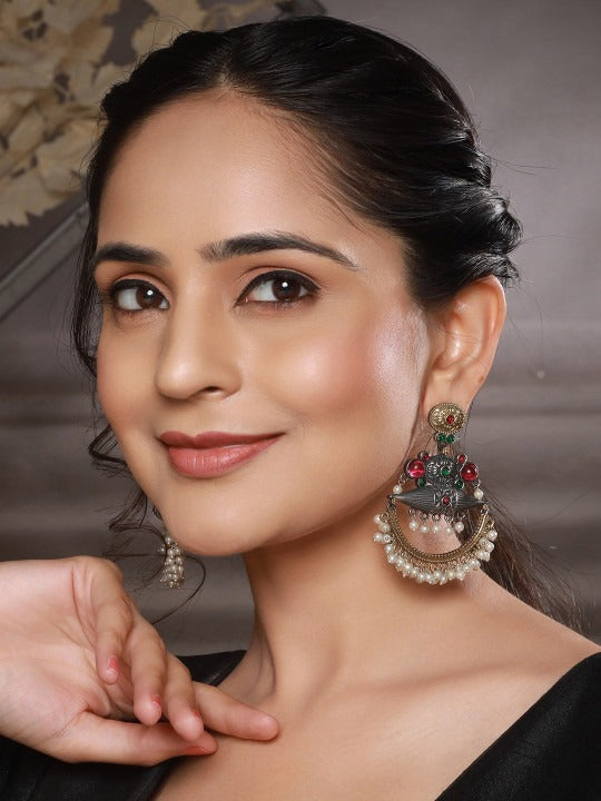 Rhodium-Plated Pearl & American Diamond Drop Earrings Secondary image