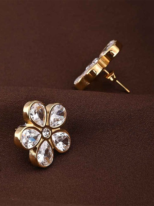 Stainless Steel Gold-Plated Stone Studded Floral Studs