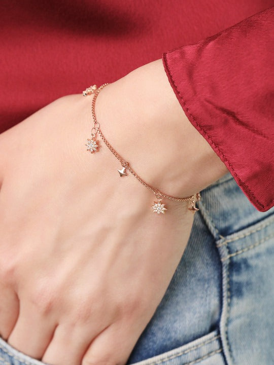 Women Sterling Silver Cubic Zirconia Rose Gold-Plated Charm Bracelet