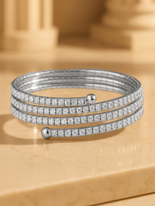 Rhodium-Plated Cubic Zirconia Studded Triple Line Bangle Style Bracelet