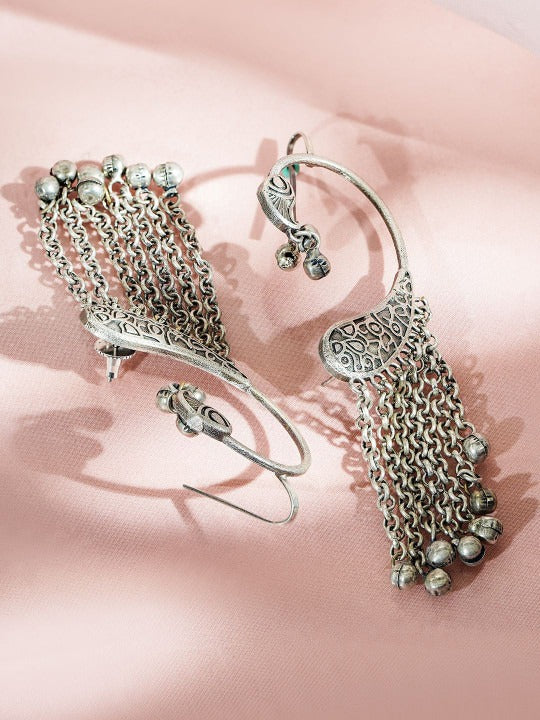 Oxidised Silver-Toned Brass Ear Cuff Earrings with Engraved Motif & Chain Dangles